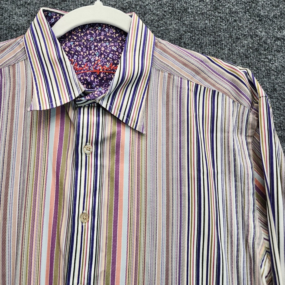 Robert Graham Mens XL Striped Floral Trim Cotton Button Down Dress Shirt Classic